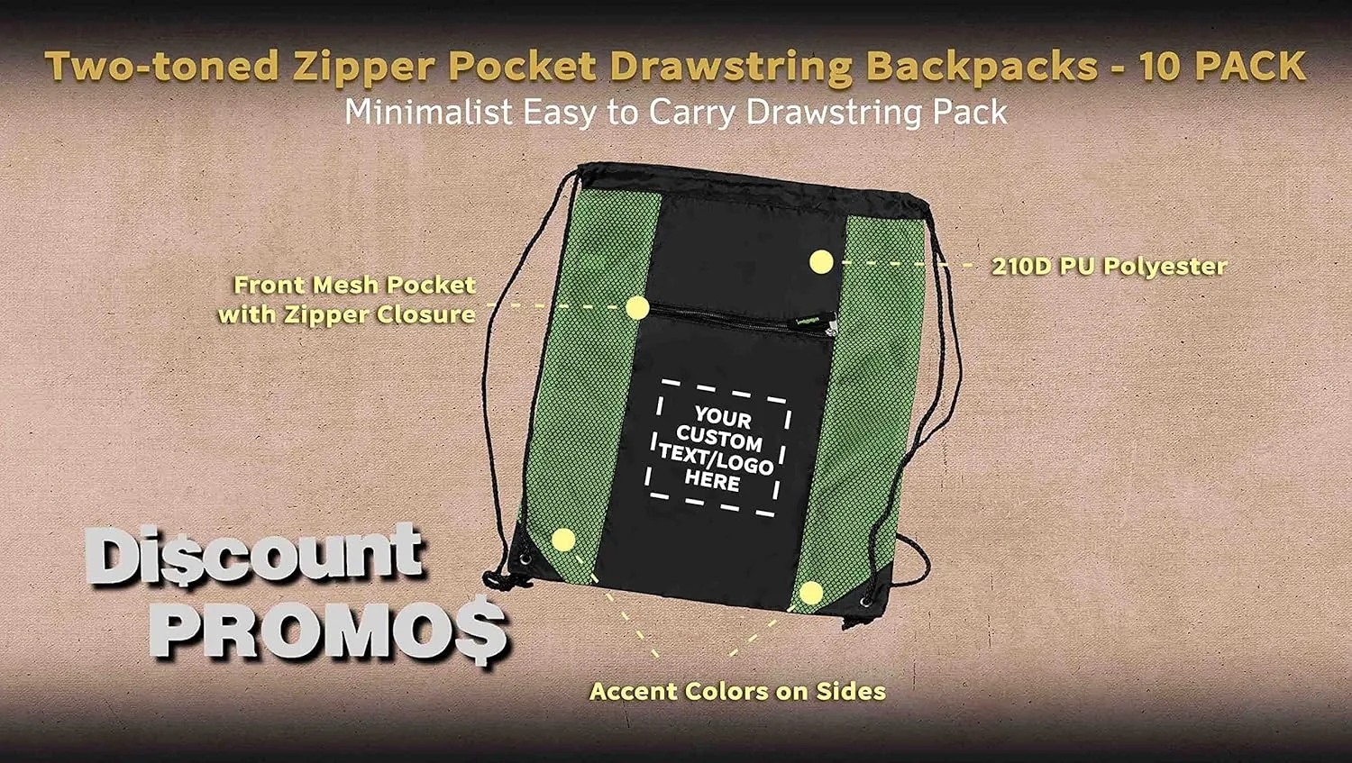 DISCOUNT PROMOS 10 Zipper Pocket Drawstring Backpacks Set - Customizable Text, Logo - Polyester, Front Mesh, Black Strap - Lime Green