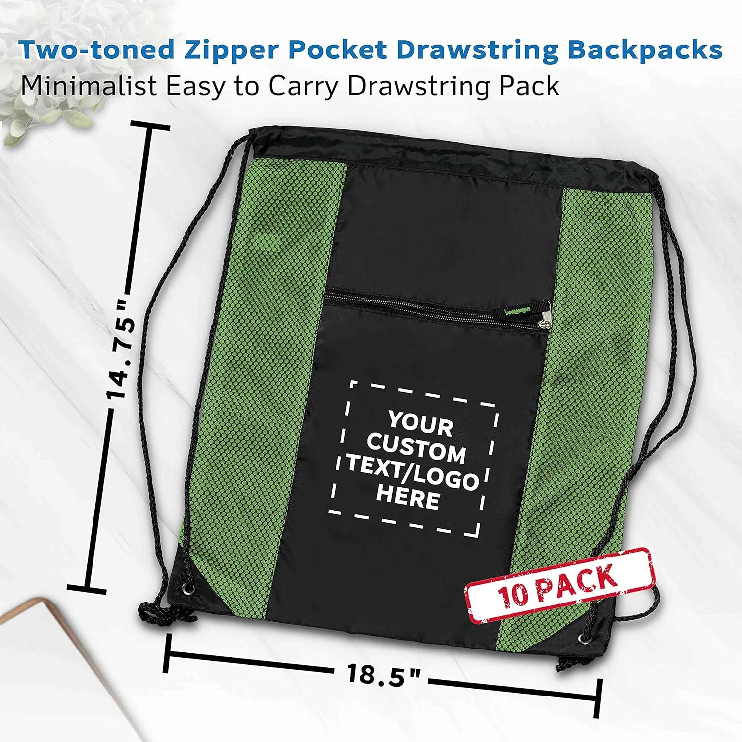 DISCOUNT PROMOS 10 Zipper Pocket Drawstring Backpacks Set - Customizable Text, Logo - Polyester, Front Mesh, Black Strap - Lime Green