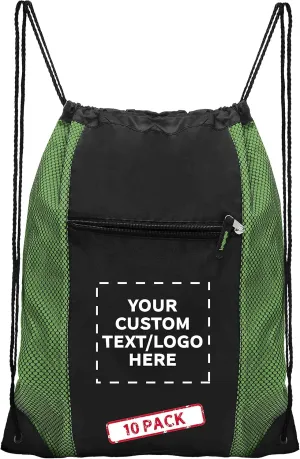 DISCOUNT PROMOS 10 Zipper Pocket Drawstring Backpacks Set - Customizable Text, Logo - Polyester, Front Mesh, Black Strap - Lime Green