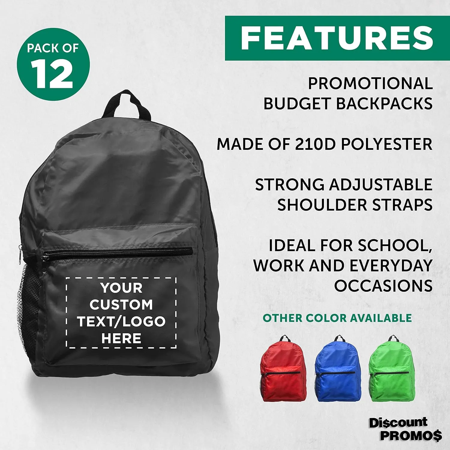 DISCOUNT PROMOS Custom Simple Functional Backpacks Set of 12, Personalized Bulk Pack - Water Resistant, Lightweight - Black