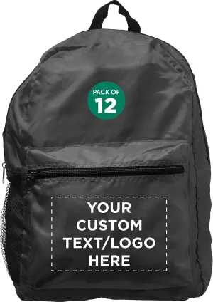 DISCOUNT PROMOS Custom Simple Functional Backpacks Set of 12, Personalized Bulk Pack - Water Resistant, Lightweight - Black