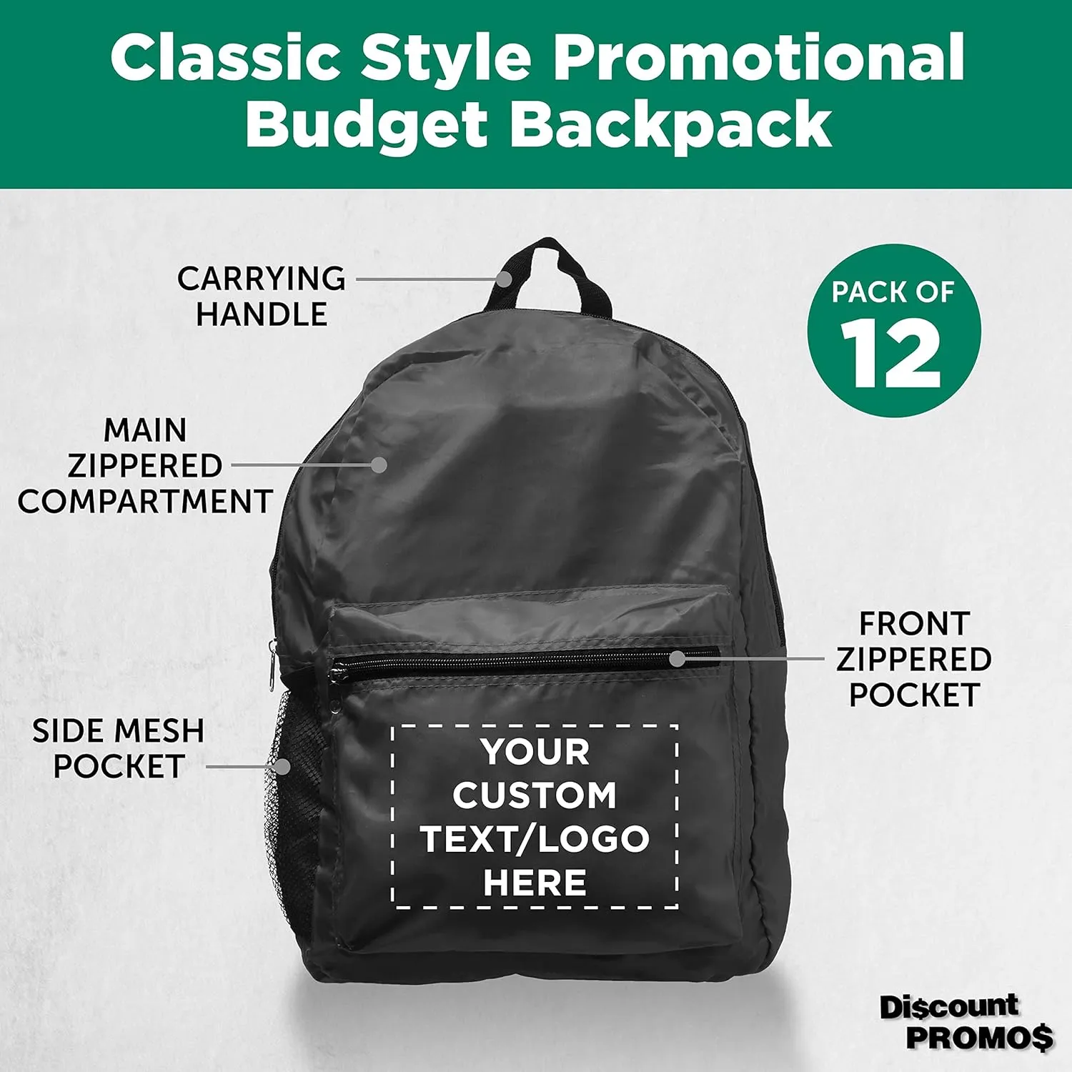 DISCOUNT PROMOS Custom Simple Functional Backpacks Set of 12, Personalized Bulk Pack - Water Resistant, Lightweight - Black