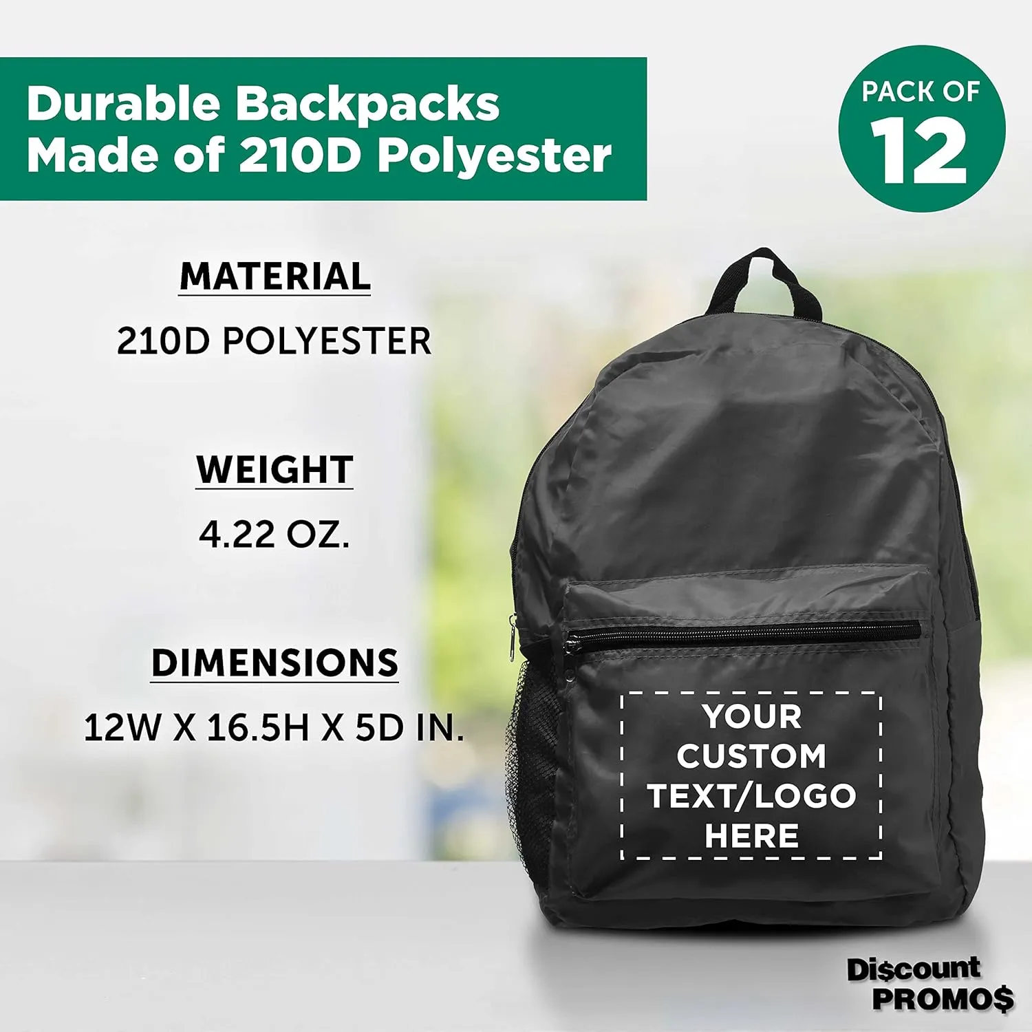 DISCOUNT PROMOS Custom Simple Functional Backpacks Set of 12, Personalized Bulk Pack - Water Resistant, Lightweight - Black