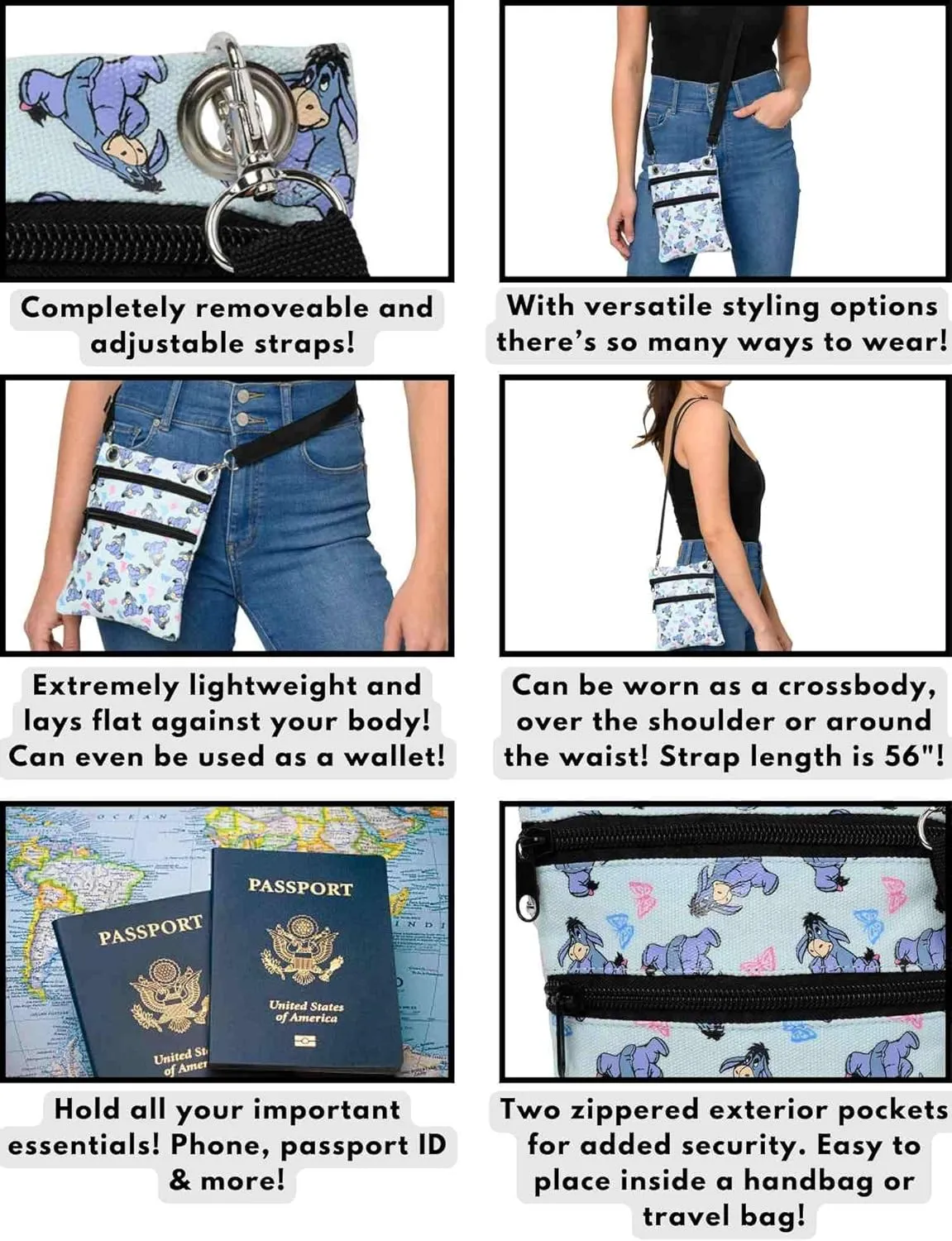 Disney Passport Bag Crossbody Travel Mickey Minnie Eeyore Stitch All Over Print