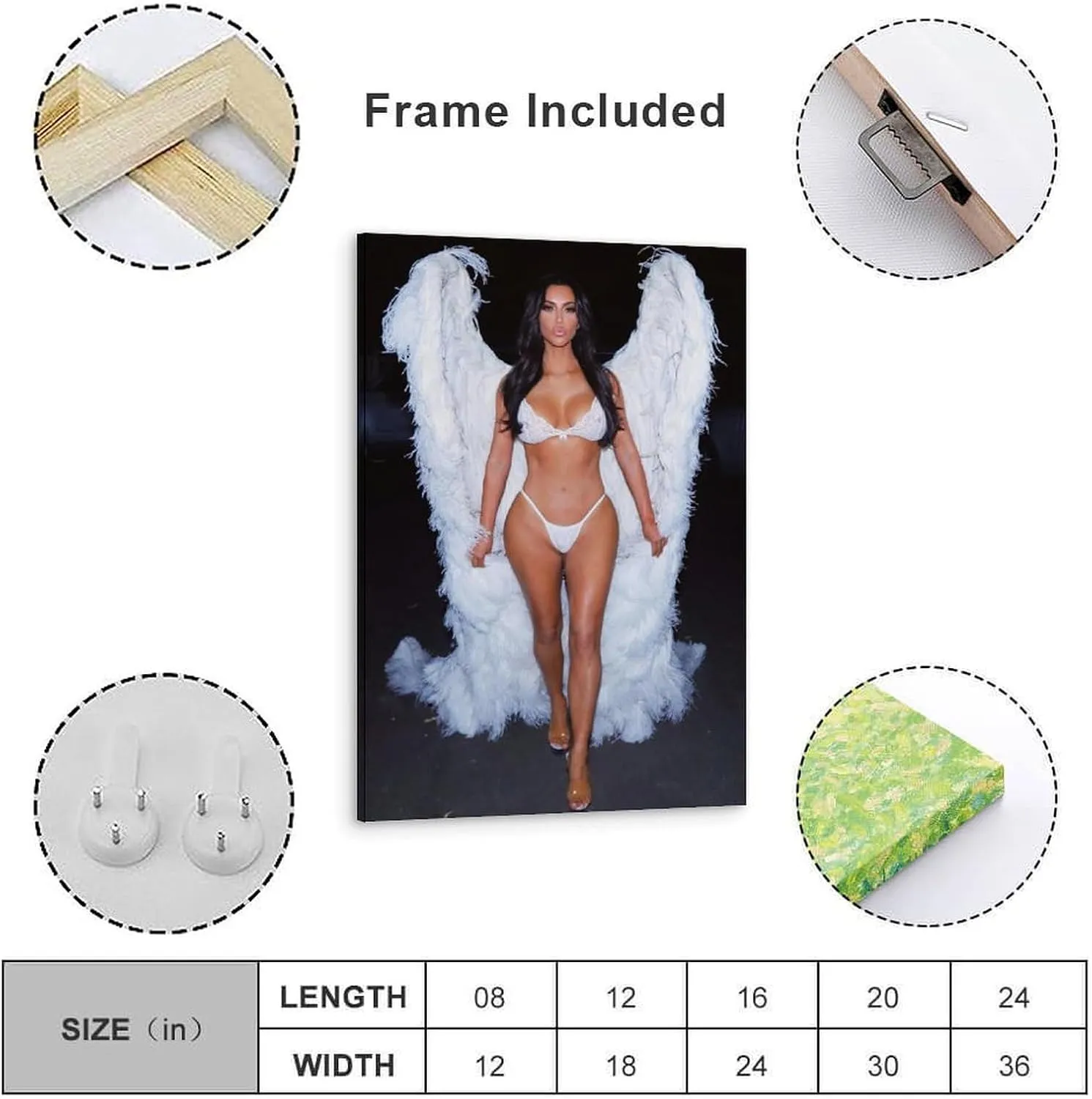 DMIEXA Kim Kardashian Hot Sexy Wing Posters Painting On Canvas Wall Art Scroll Picture Print Living Room Walls Decor Homes 16x24inch(40x60cm), Frame-style