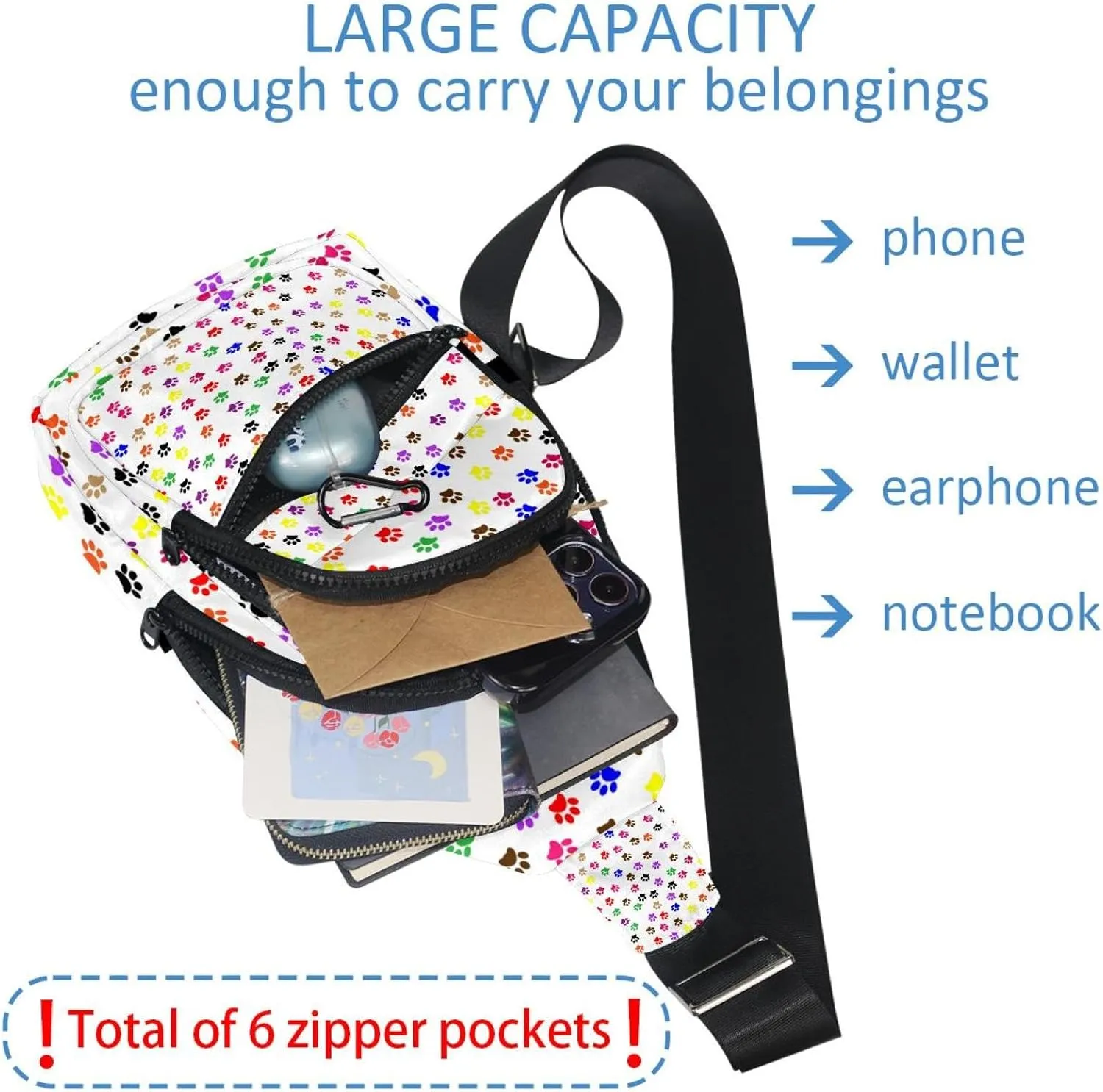 Dog Footprints Sling Backpack, Adjustable Crossbody Shoulder Bag Travel Hiking Daypack