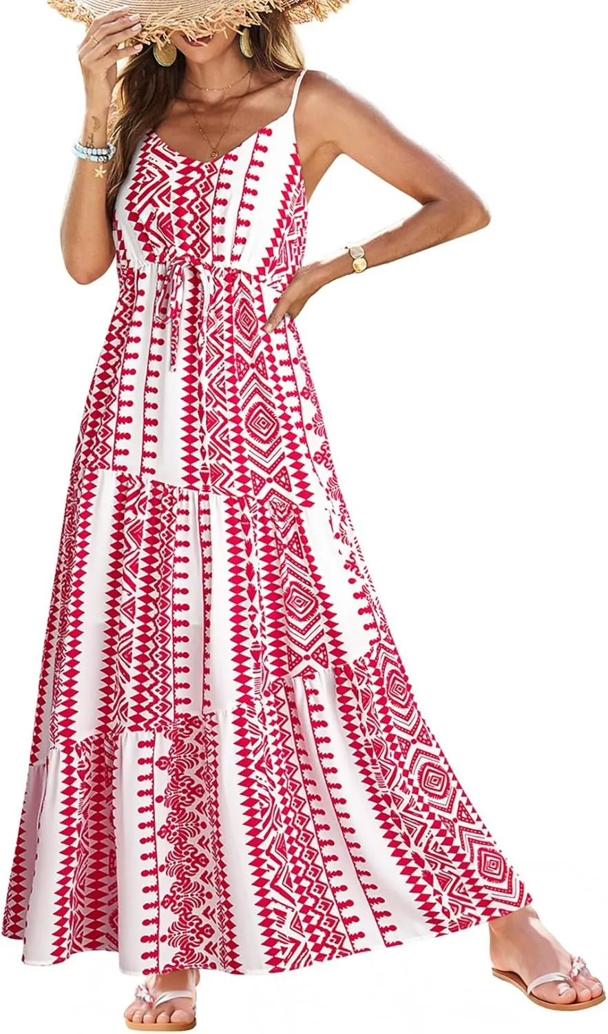 Dokotoo Summer Dress Casual Womens Boho Dress Sleeveless Printed Long Tiered Maxi Dress Beach Dress 2025