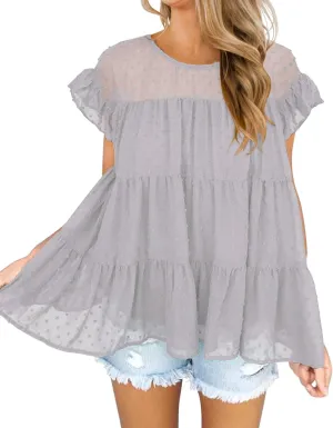 DOROSE Womens Babydoll Tops Swiss Dot Peplum Top Ruffle Sleeve Flowy Blouse