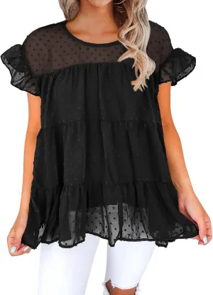 DOROSE Womens Babydoll Tops Swiss Dot Peplum Top Ruffle Sleeve Flowy Blouse