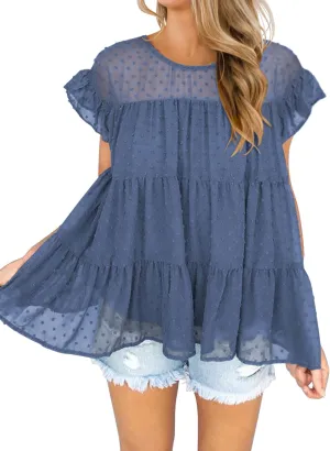 DOROSE Womens Babydoll Tops Swiss Dot Peplum Top Ruffle Sleeve Flowy Blouse