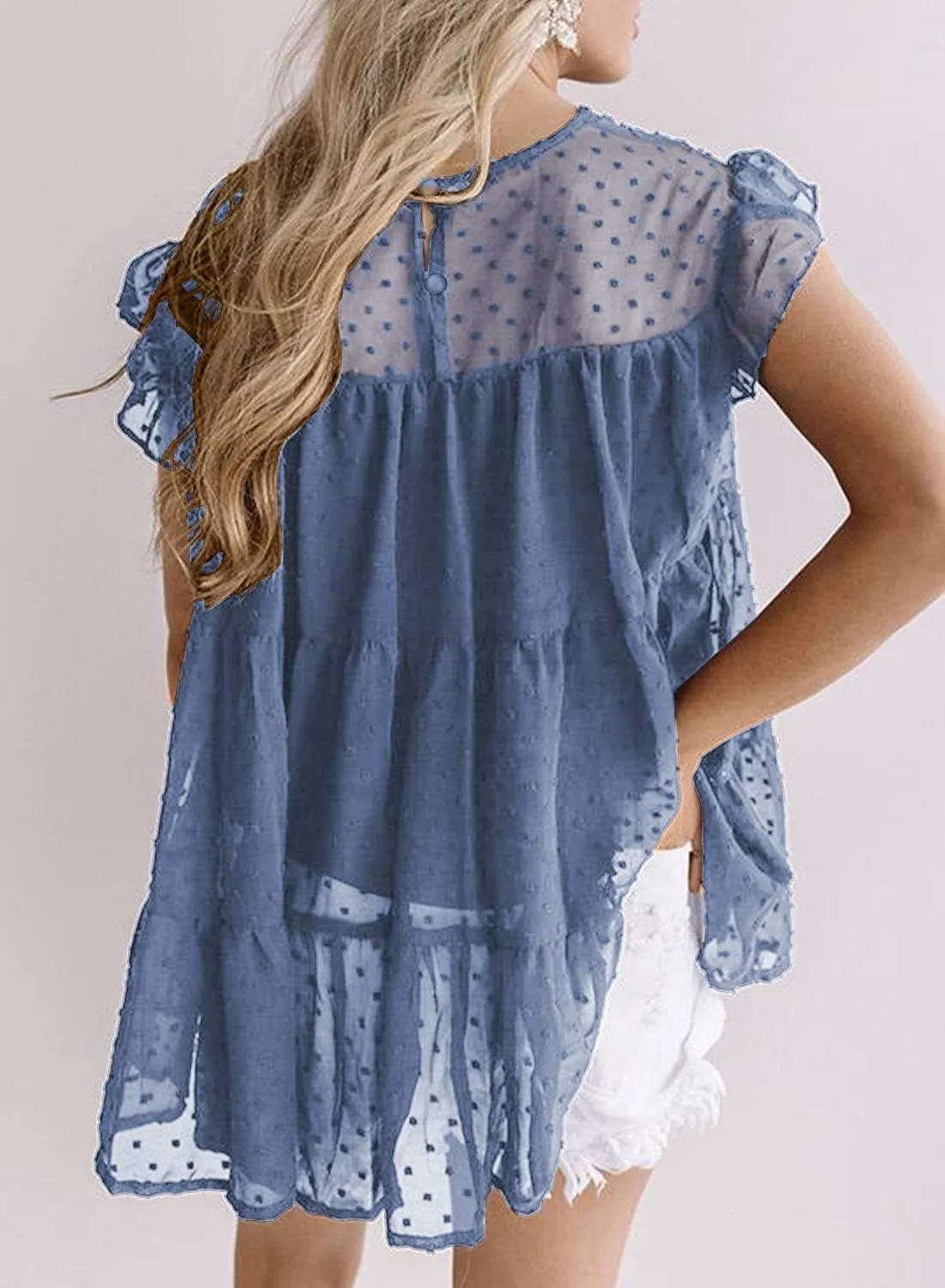 DOROSE Womens Babydoll Tops Swiss Dot Peplum Top Ruffle Sleeve Flowy Blouse