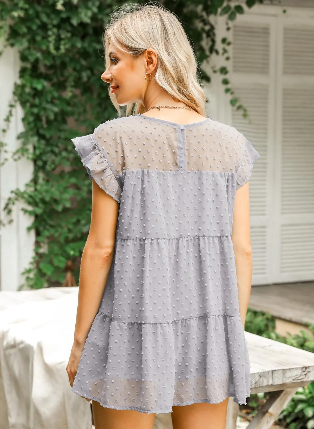 DOROSE Womens Babydoll Tops Swiss Dot Peplum Top Ruffle Sleeve Flowy Blouse