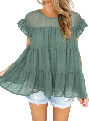 DOROSE Womens Babydoll Tops Swiss Dot Peplum Top Ruffle Sleeve Flowy Blouse
