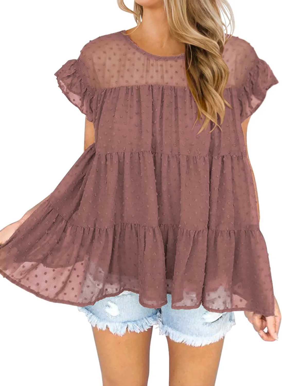 DOROSE Womens Babydoll Tops Swiss Dot Peplum Top Ruffle Sleeve Flowy Blouse