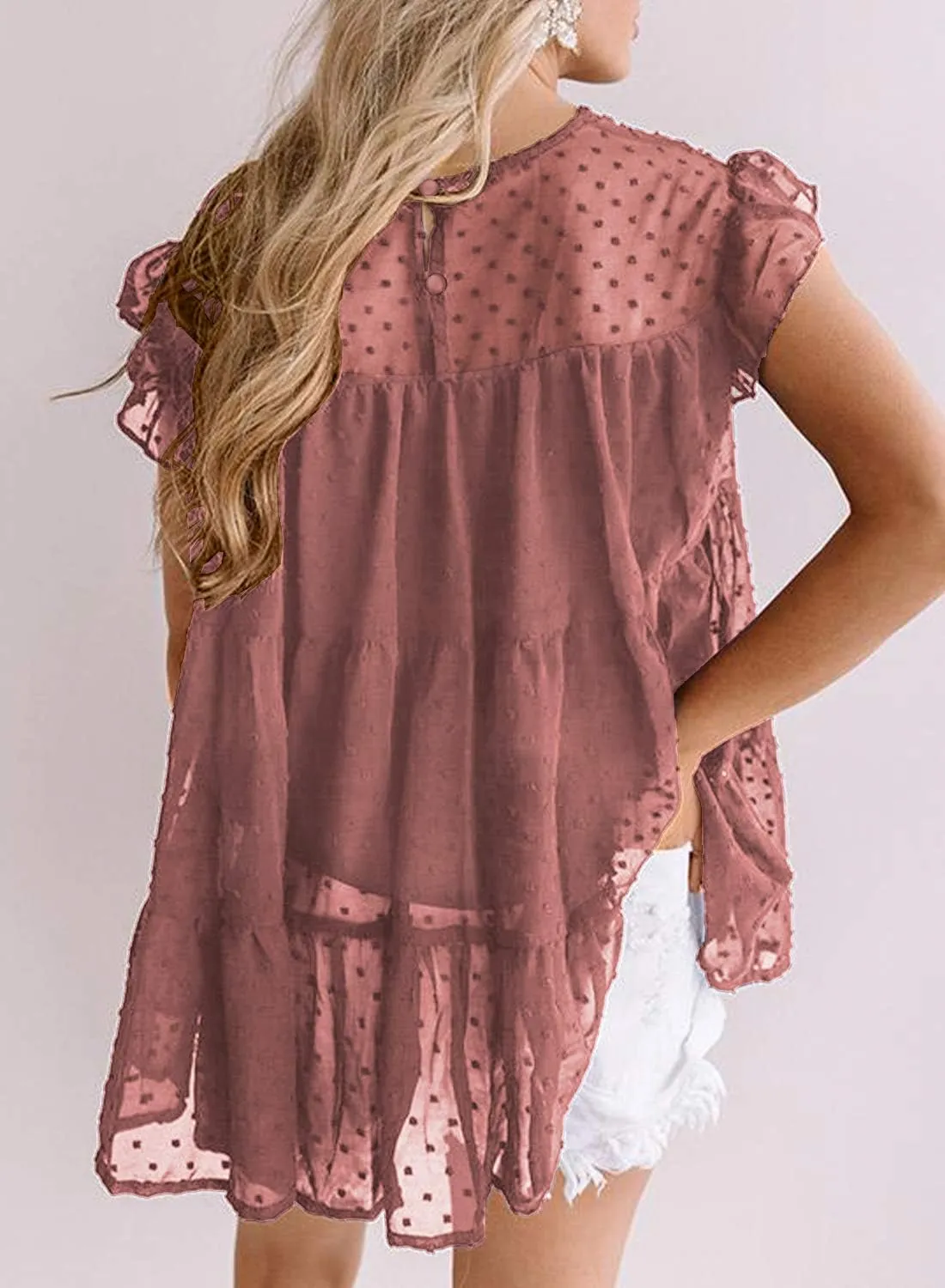 DOROSE Womens Babydoll Tops Swiss Dot Peplum Top Ruffle Sleeve Flowy Blouse