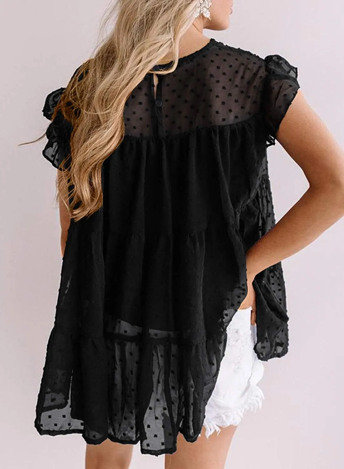 DOROSE Womens Babydoll Tops Swiss Dot Peplum Top Ruffle Sleeve Flowy Blouse