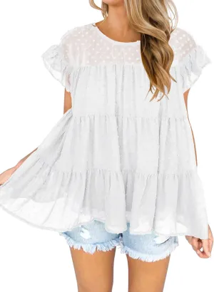 DOROSE Womens Babydoll Tops Swiss Dot Peplum Top Ruffle Sleeve Flowy Blouse
