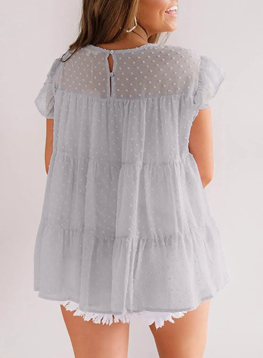 DOROSE Womens Babydoll Tops Swiss Dot Peplum Top Ruffle Sleeve Flowy Blouse