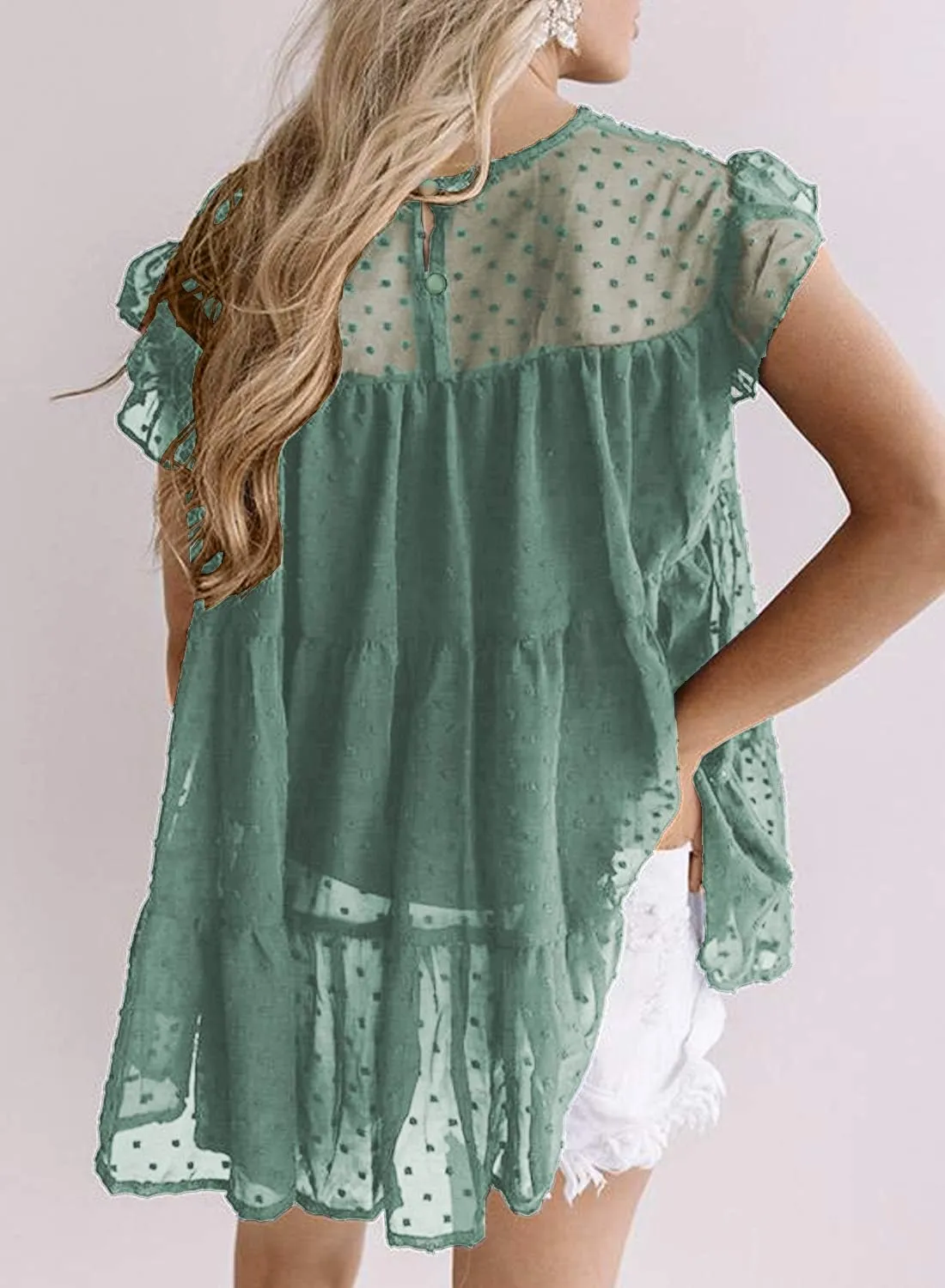 DOROSE Womens Babydoll Tops Swiss Dot Peplum Top Ruffle Sleeve Flowy Blouse