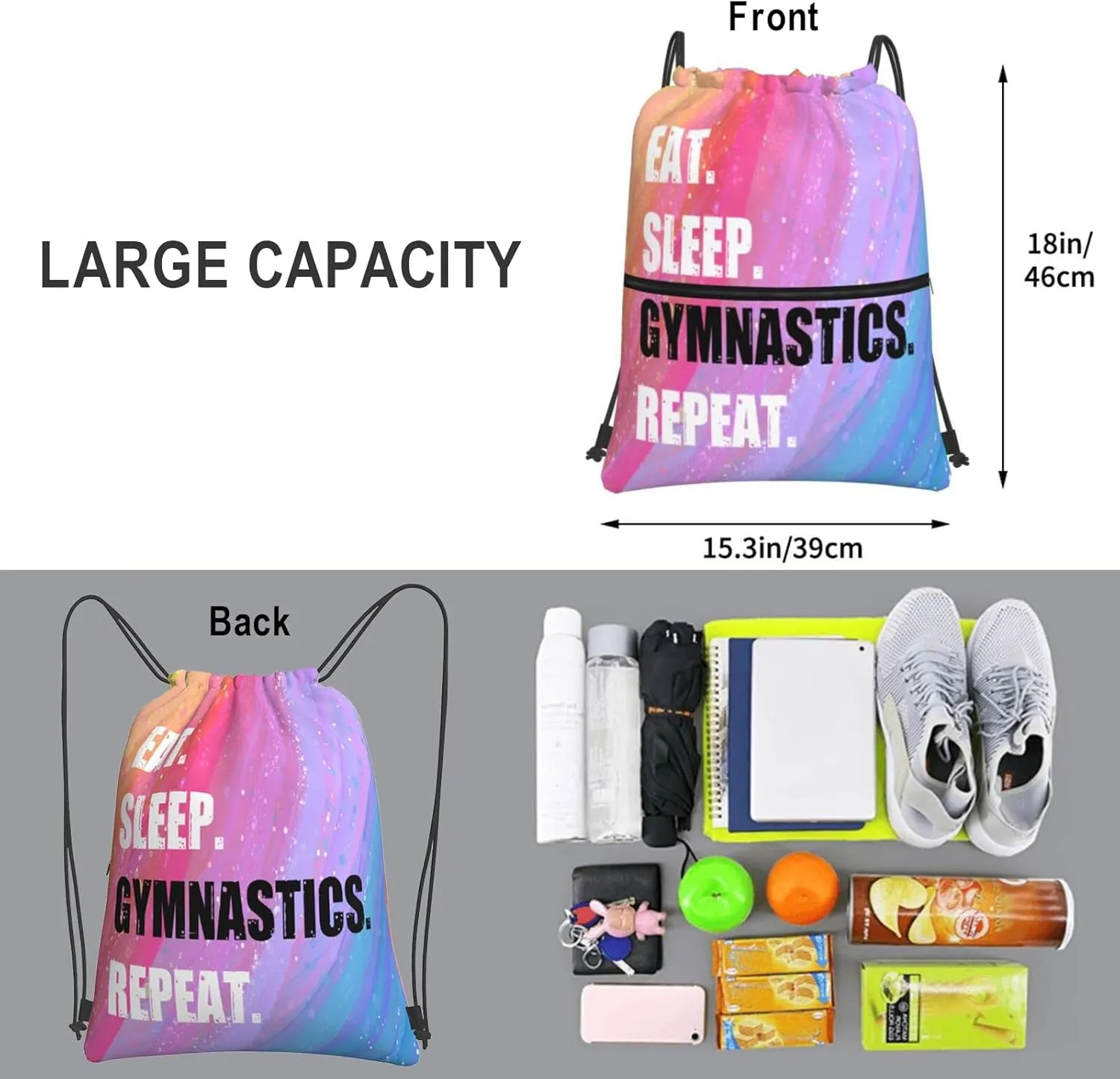 Drawstring Backpack Eat Sleep Gymnastics Repeat, Gym Waterproof String Bag, Outdoor Sports Drawstring Sackpack for Women