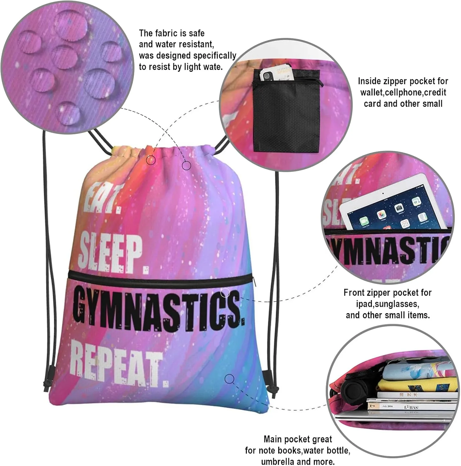 Drawstring Backpack Eat Sleep Gymnastics Repeat, Gym Waterproof String Bag, Outdoor Sports Drawstring Sackpack for Women