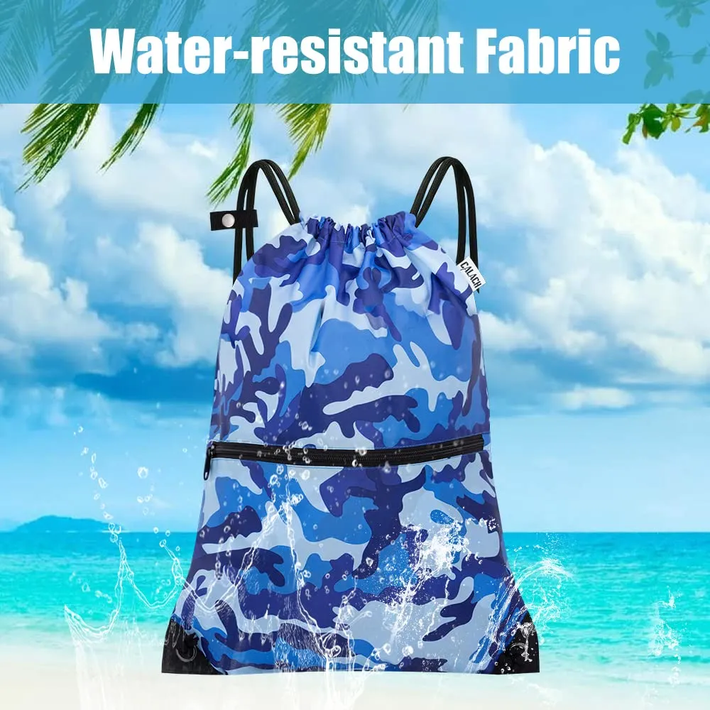 Drawstring Backpack Sports Gym Bag With Multi Pockets Blue Camo HLC004