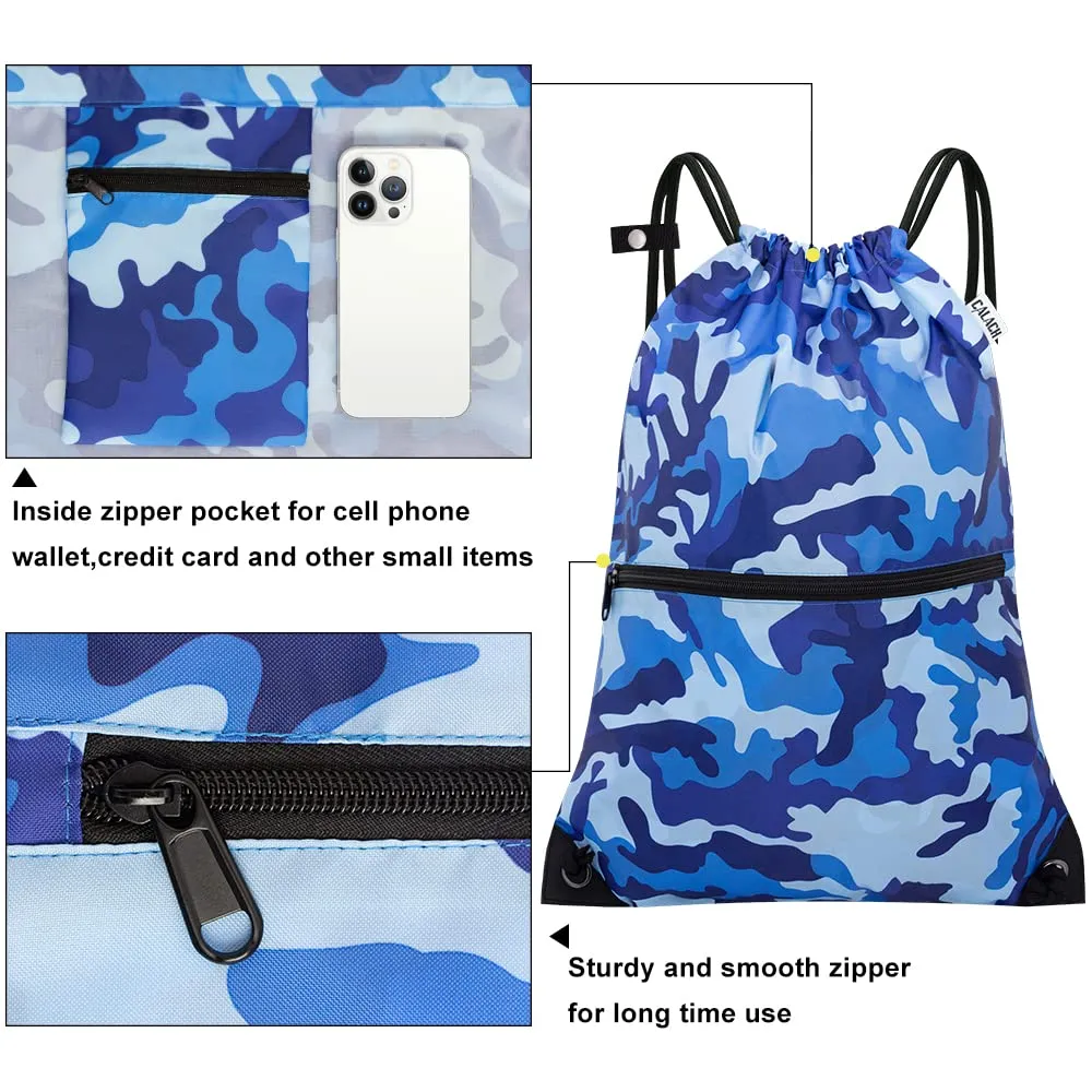 Drawstring Backpack Sports Gym Bag With Multi Pockets Blue Camo HLC004