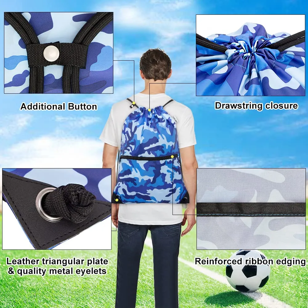 Drawstring Backpack Sports Gym Bag With Multi Pockets Blue Camo HLC004