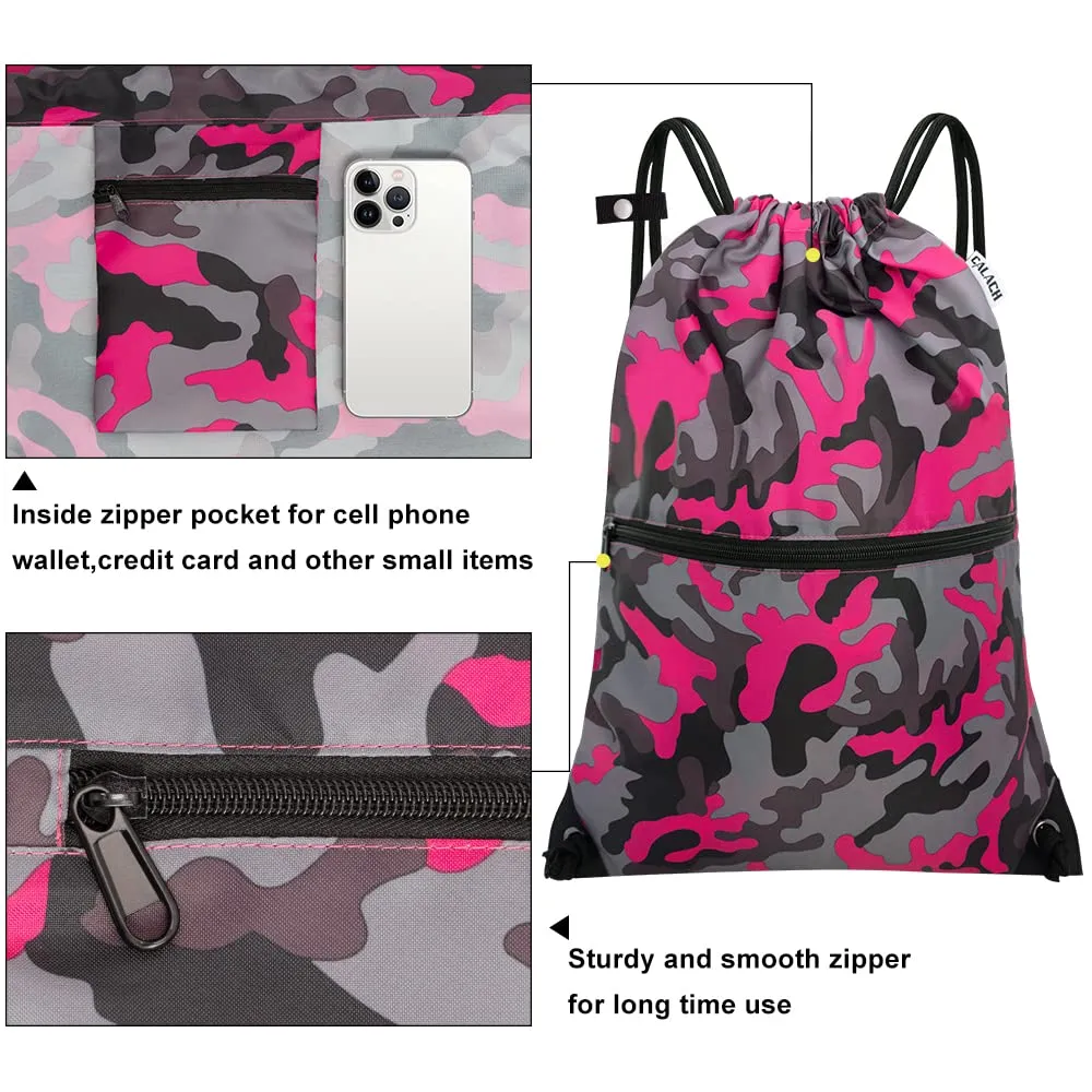 Drawstring Backpack Sports Gym Bag With Multi Pockets Greypink Camo HLC004