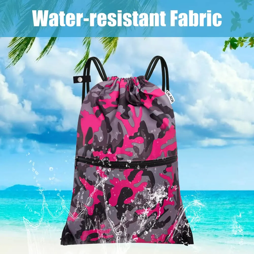 Drawstring Backpack Sports Gym Bag With Multi Pockets Greypink Camo HLC004