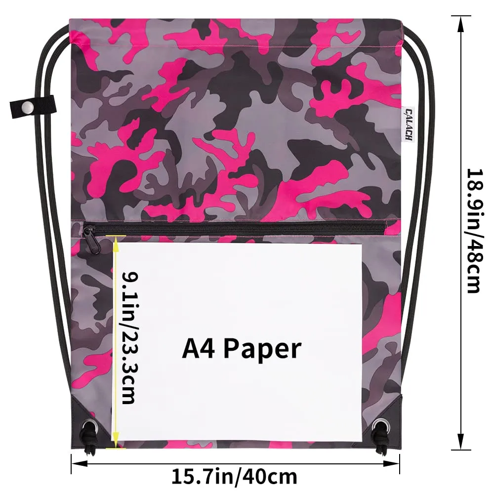 Drawstring Backpack Sports Gym Bag With Multi Pockets Greypink Camo HLC004
