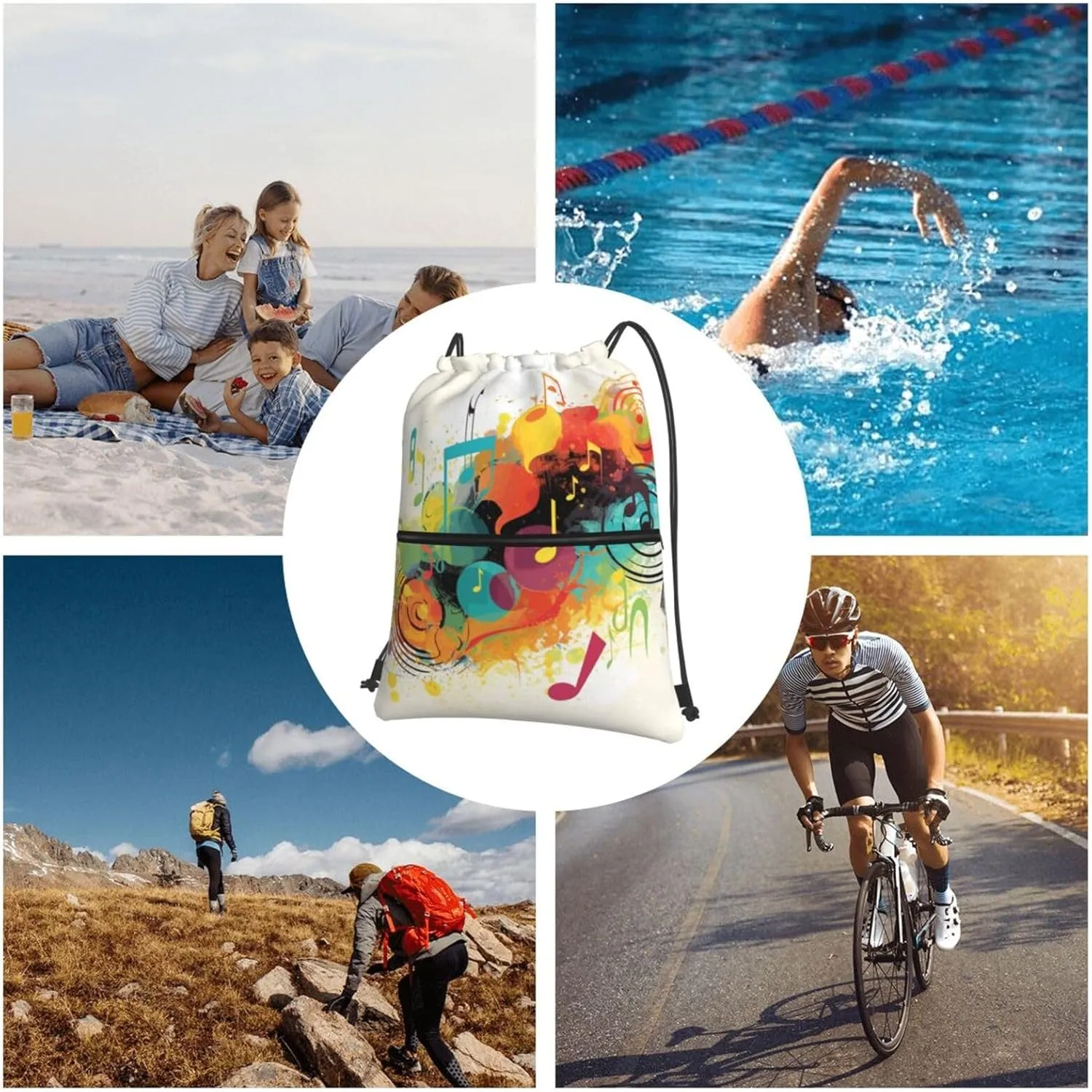 Drawstring Backpack Sports Gym Bags Abstract Music Themed Drawstring Bags for Men Women Beach Bag String Bag