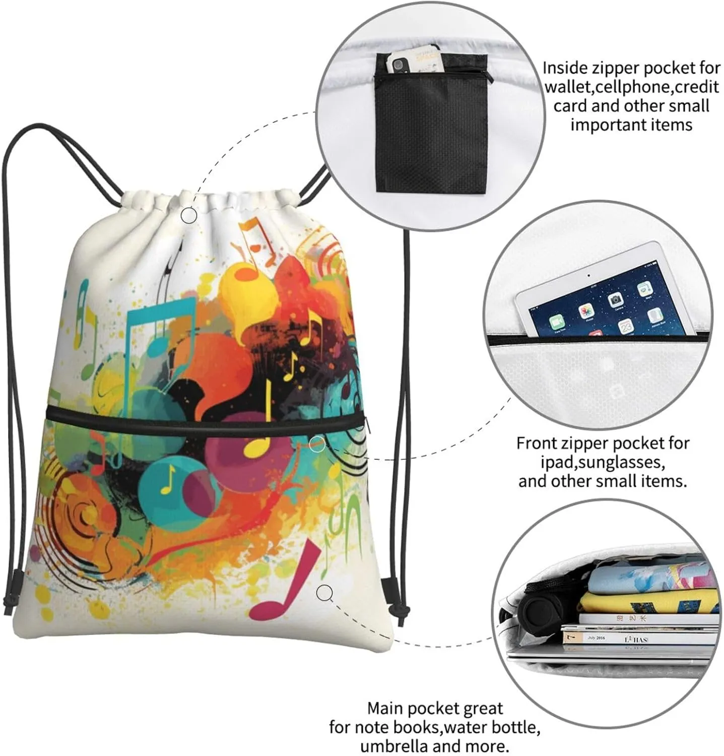 Drawstring Backpack Sports Gym Bags Abstract Music Themed Drawstring Bags for Men Women Beach Bag String Bag
