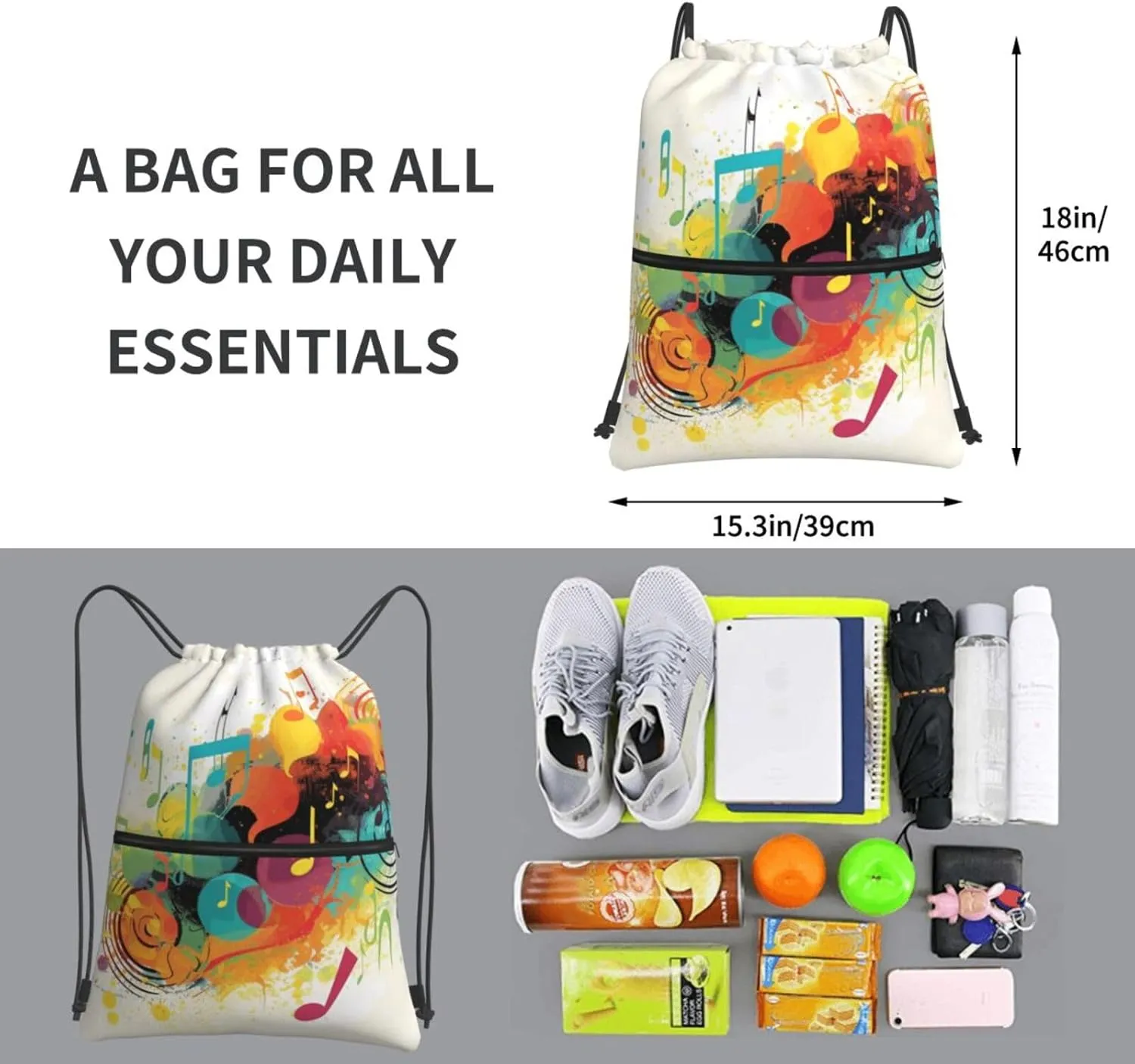 Drawstring Backpack Sports Gym Bags Abstract Music Themed Drawstring Bags for Men Women Beach Bag String Bag