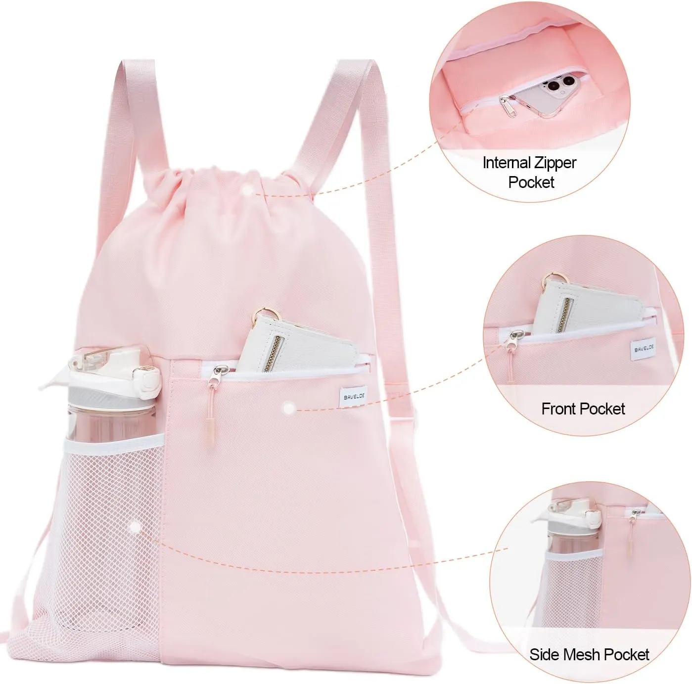 Drawstring Backpack with Mesh Pocket Water Resistant String Beach Swim Sports Gym for Women Men (Pink)
