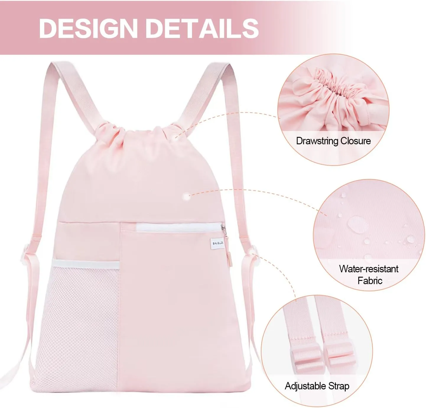Drawstring Backpack with Mesh Pocket Water Resistant String Beach Swim Sports Gym for Women Men (Pink)