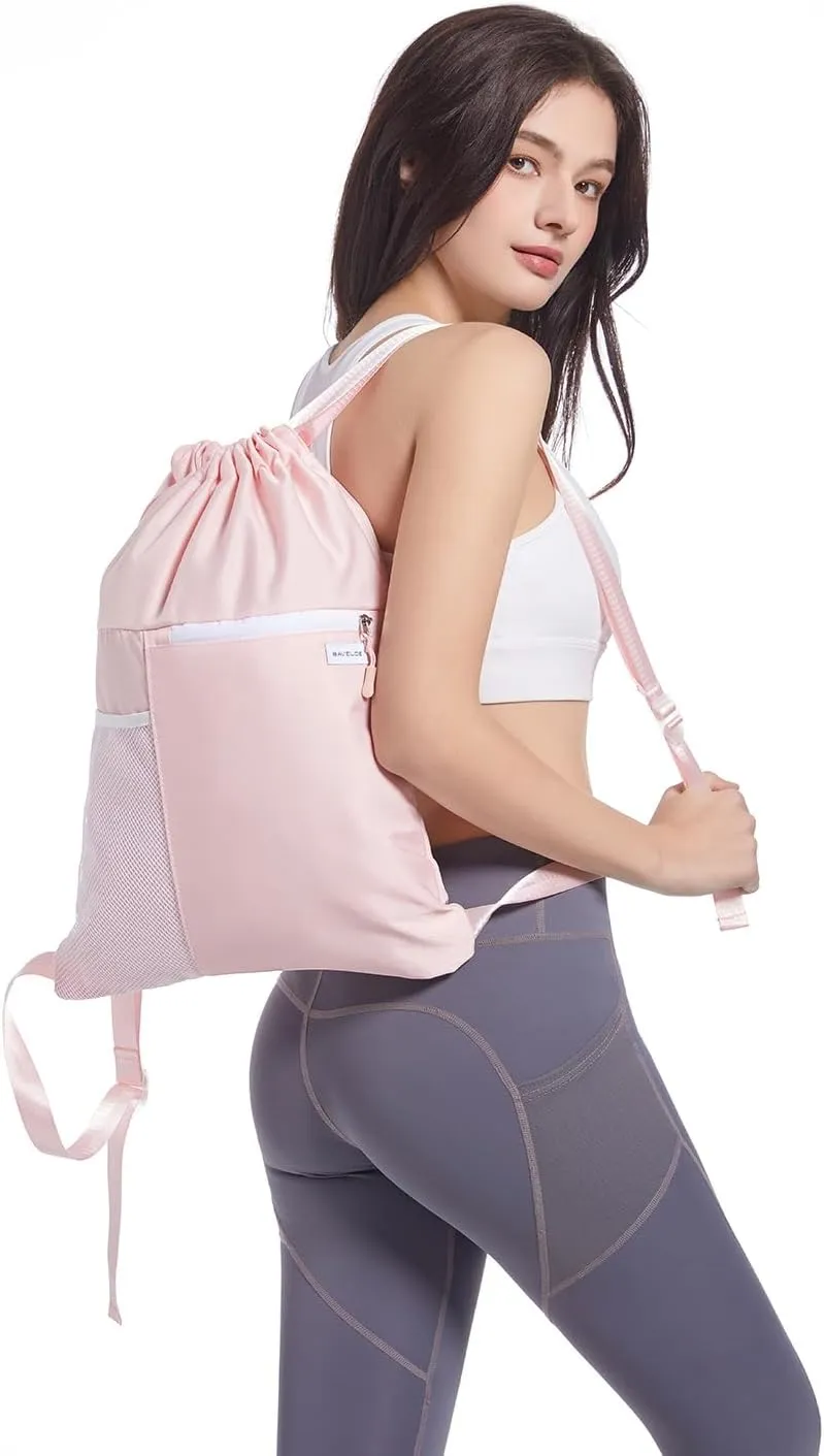 Drawstring Backpack with Mesh Pocket Water Resistant String Beach Swim Sports Gym for Women Men (Pink)