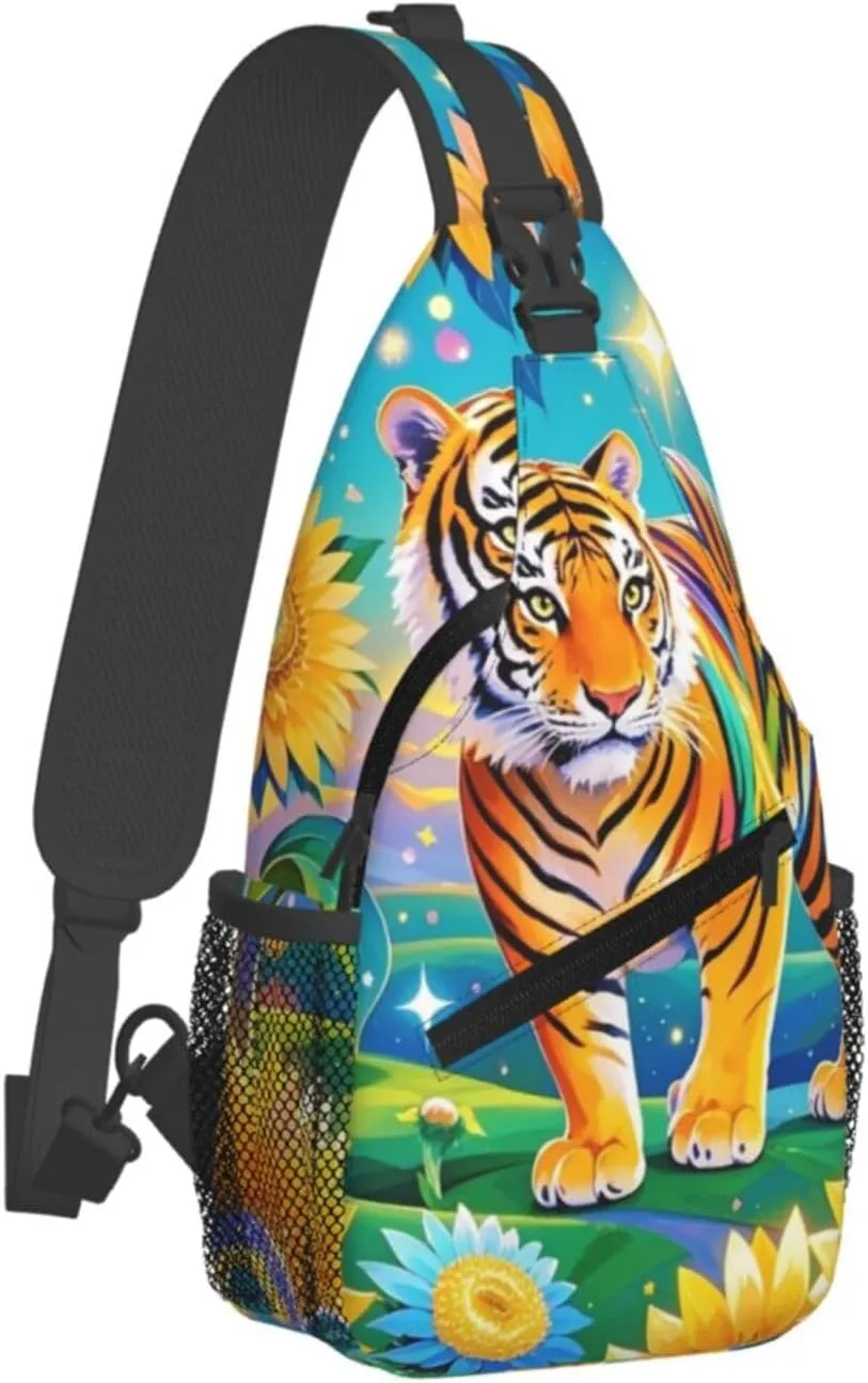 Dreamy Tiger Sunflower Crossbody Bags Cross Chest Bag Adjustable Sling Backpack for Women Men
