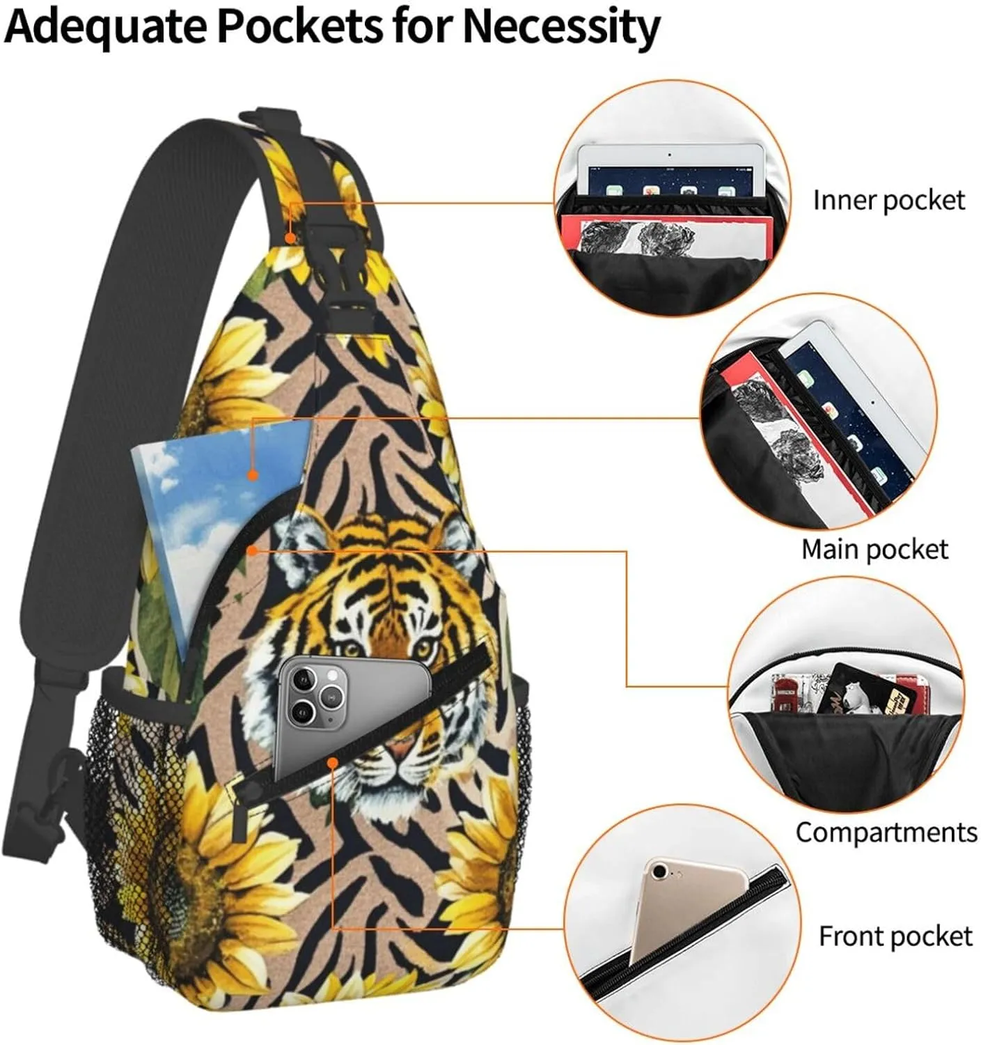 Dreamy Tiger Sunflower Crossbody Bags Cross Chest Bag Adjustable Sling Backpack for Women Men