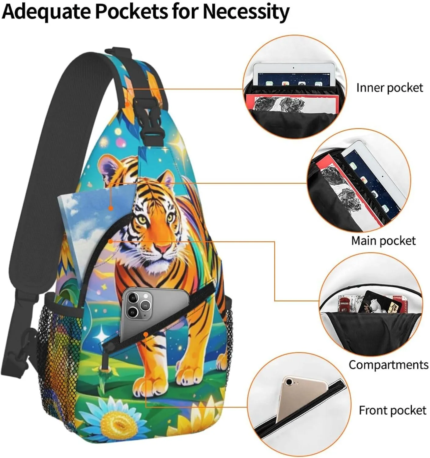 Dreamy Tiger Sunflower Crossbody Bags Cross Chest Bag Adjustable Sling Backpack for Women Men