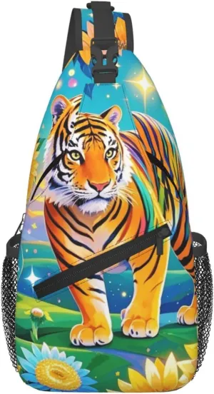 Dreamy Tiger Sunflower Crossbody Bags Cross Chest Bag Adjustable Sling Backpack for Women Men