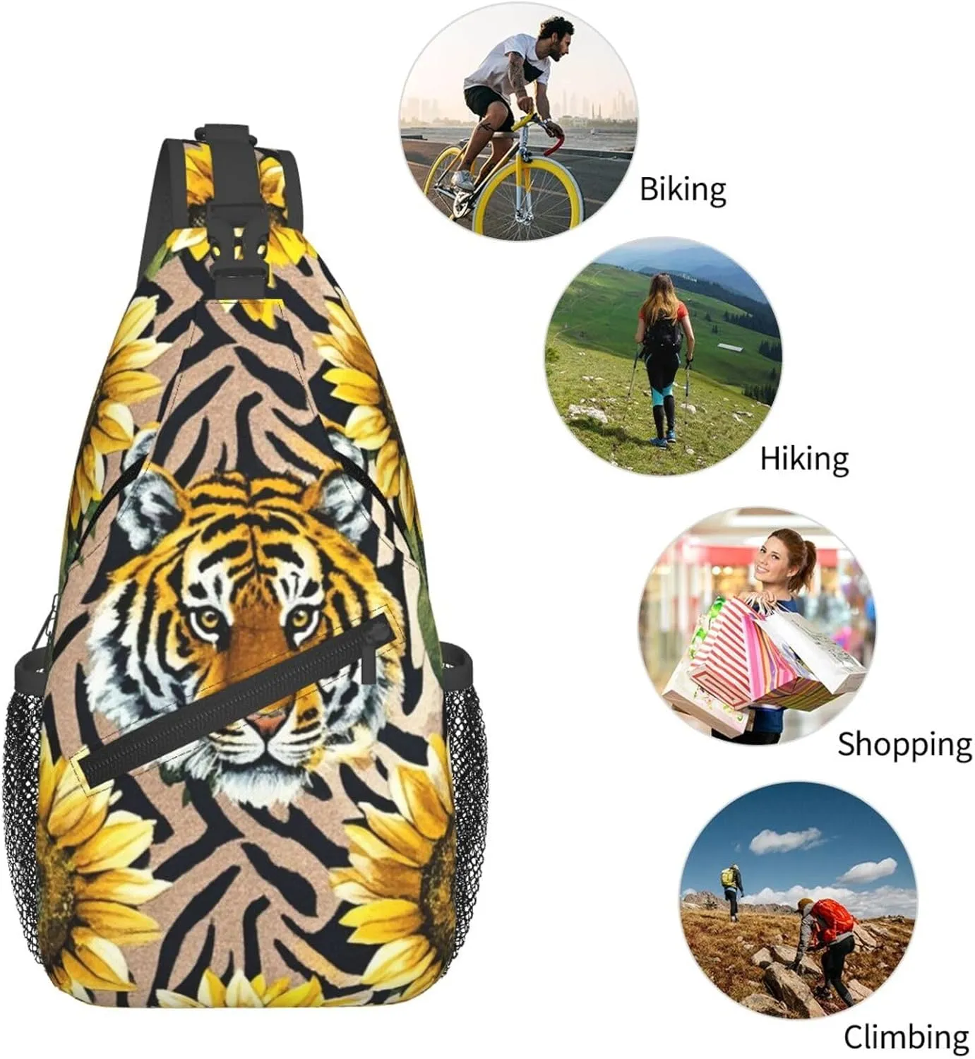 Dreamy Tiger Sunflower Crossbody Bags Cross Chest Bag Adjustable Sling Backpack for Women Men
