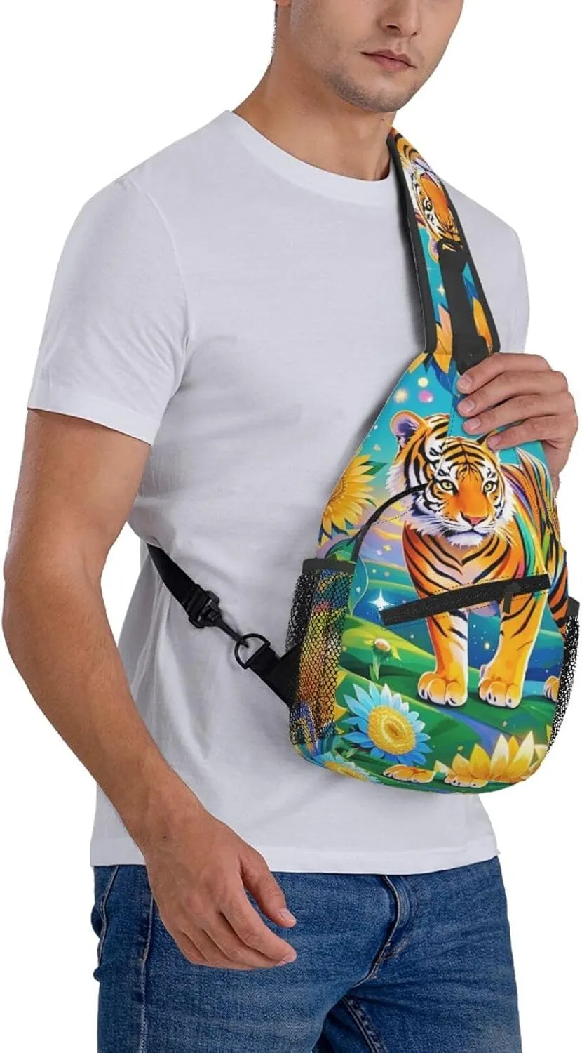 Dreamy Tiger Sunflower Crossbody Bags Cross Chest Bag Adjustable Sling Backpack for Women Men