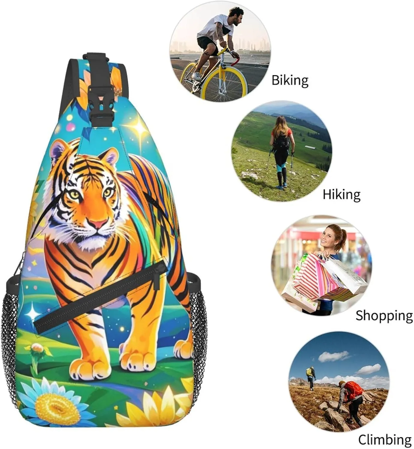 Dreamy Tiger Sunflower Crossbody Bags Cross Chest Bag Adjustable Sling Backpack for Women Men