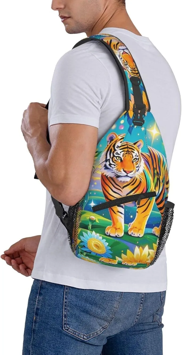 Dreamy Tiger Sunflower Crossbody Bags Cross Chest Bag Adjustable Sling Backpack for Women Men