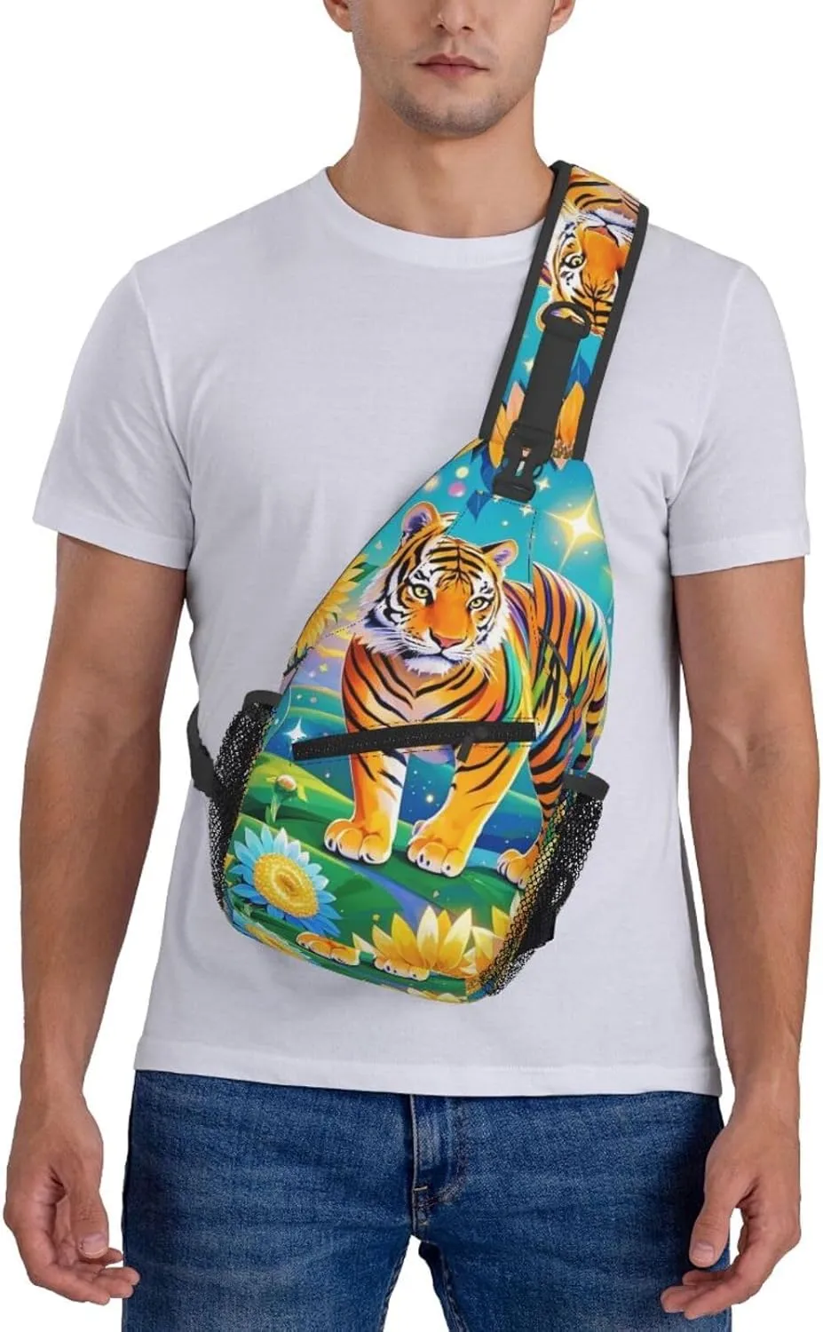 Dreamy Tiger Sunflower Crossbody Bags Cross Chest Bag Adjustable Sling Backpack for Women Men