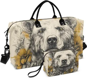 Duffle Bag Bear Floral Cute for Travel, Gym Bag with Multiple Interior Pockets for Men Women Overnight Purse Included 20.5 x 1.9 x 13.8 In
