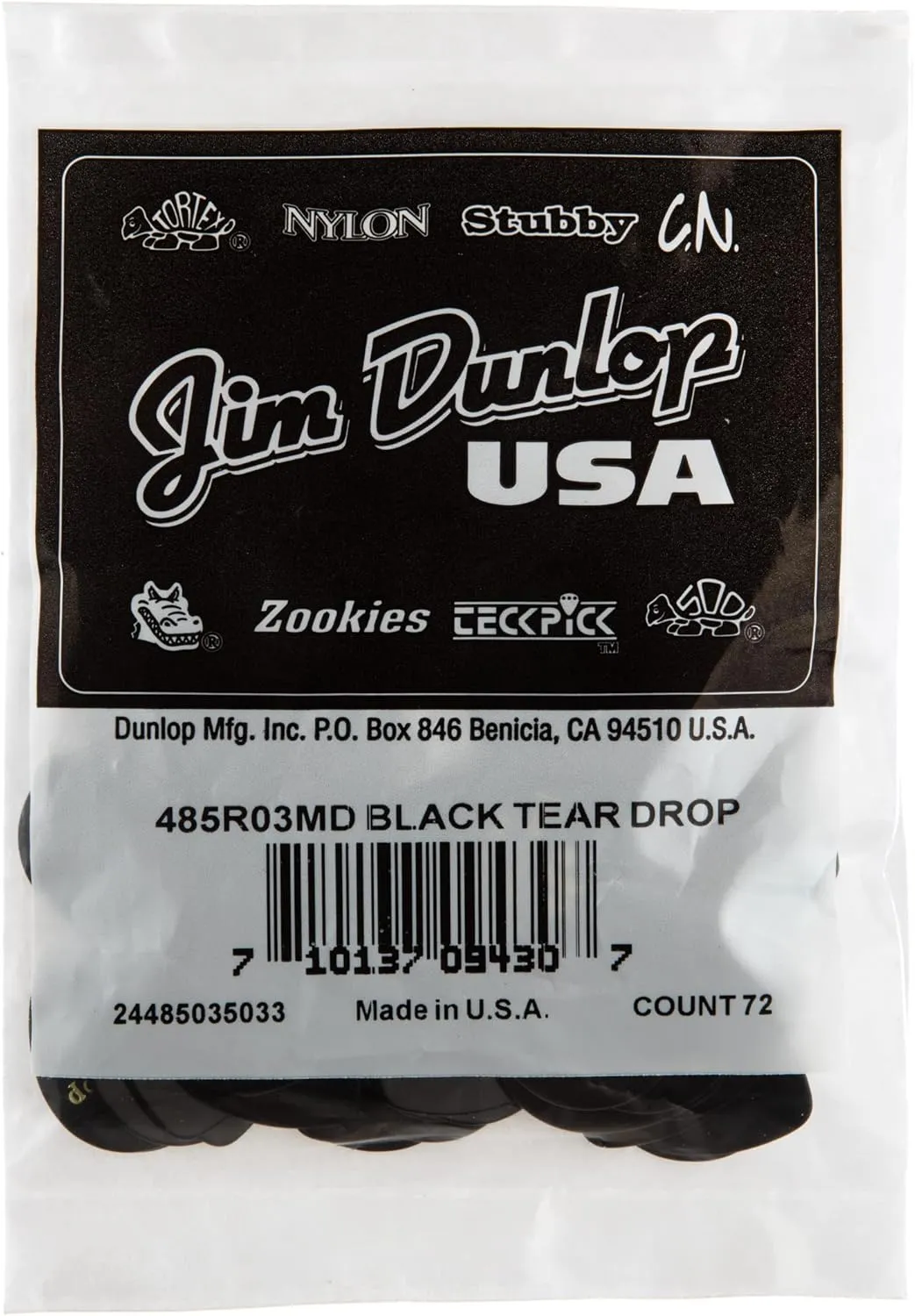 Dunlop 485R03MD Genuine Celluloid Tear Drop, 72/Bag, Black