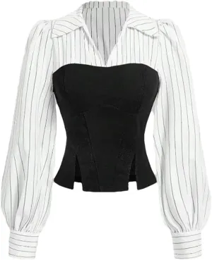 Dvbfufv Women's Fashion Trendy Striped Spliced Lapel Shirt Elegant Style Business Casual Office Blouse