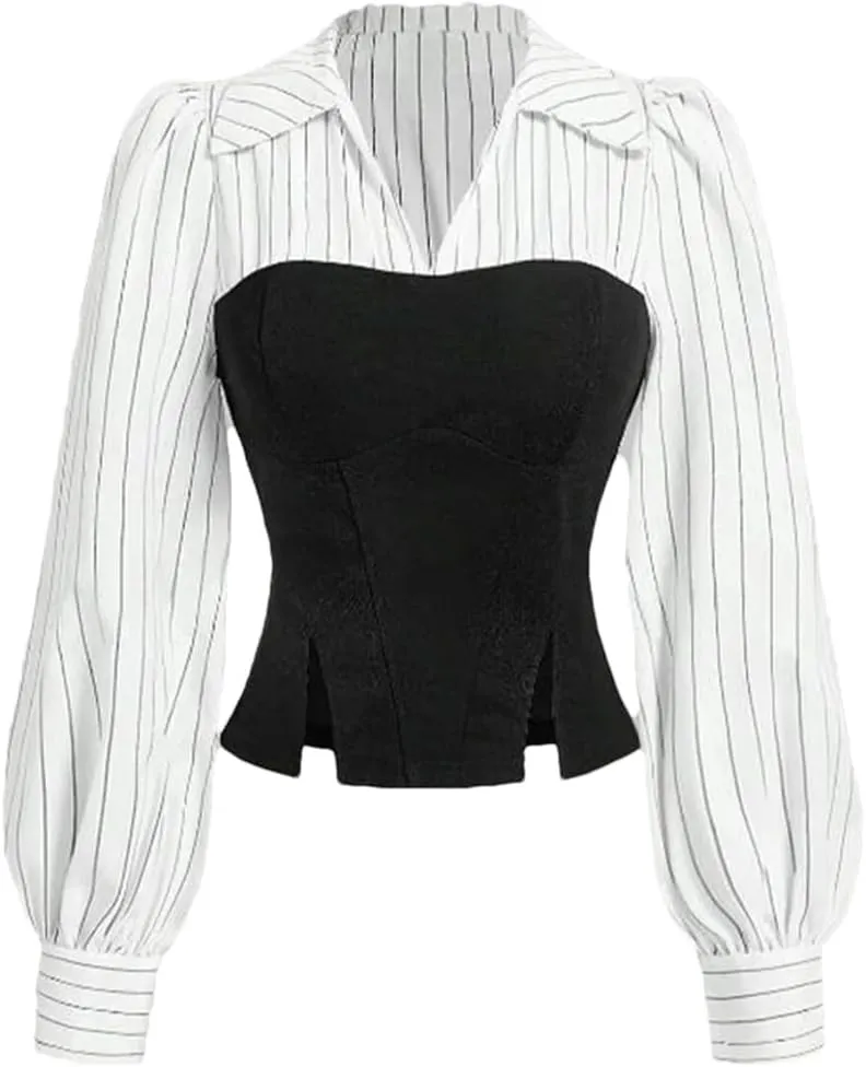 Dvbfufv Women's Fashion Trendy Striped Spliced Lapel Shirt Elegant Style Business Casual Office Blouse